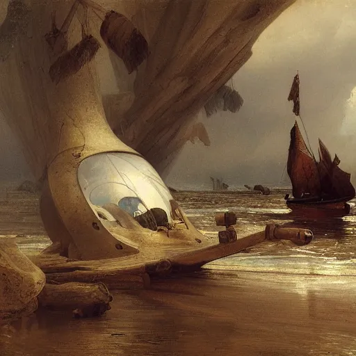 Image similar to detailed painting of a living pod architecture, andreas achenbach