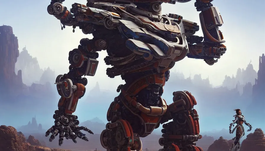 Image similar to a warrior robot astronaut, looks like a machine from horizon zero dawn designed by apple, in socotra island, posing for a fight, intricate, elegant, highly detailed, digital painting, establishing shot, an epic fantasy, artstation, smooth, sharp focus, illustration, art by artgerm and greg rutkowski and alphonse mucha, matte painting 8 k