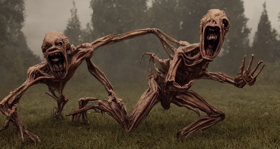 Prompt: still from a horror movie of grotesque alien lunging towards the camera, highly detailed, horror movie scene, unreal engine, octane render, natural light outside