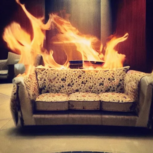 Image similar to “ burning sofa in hotel lobby, twin peaks style aesthetic ”