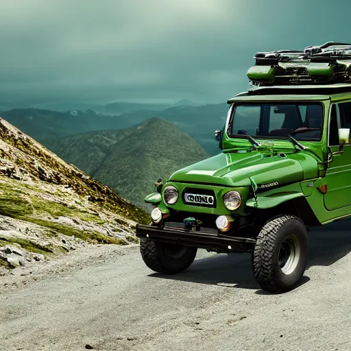 Image similar to closeup of a green Toyota Fj43 build in 1981, traveling through the mountains, black roof, with a roof rack, detailed, 8K, octane render, 8K,