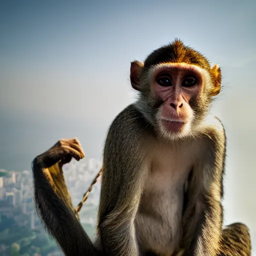 Image similar to high quality portrait of a monkey in front of Christ The Redeemer, studio photograph, photograph, realistic photo, 8k photo, 4k photo, stock photo, high resolution, cinematic shot, high detail