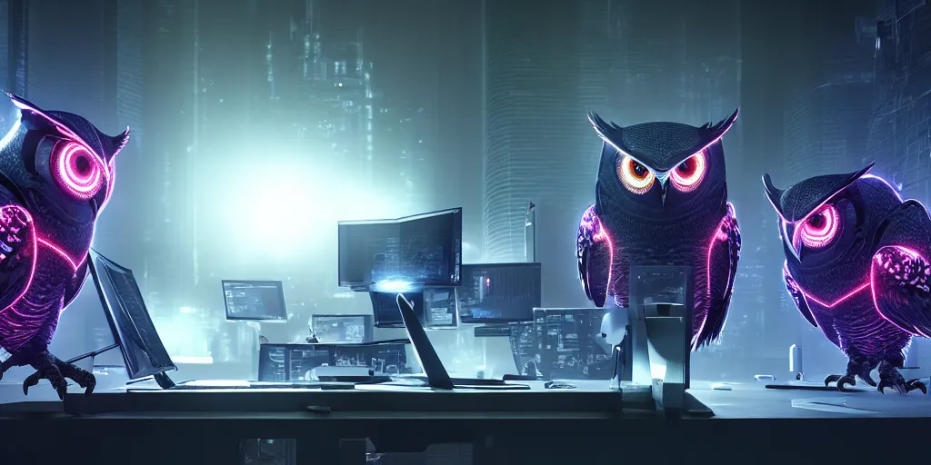 Image similar to an giant evil, malevolent, cyborg owls looking at a computer, surrounded by computer screens. this 4 k hd image is trending on artstation, featured on behance, well - rendered, extra crisp, features intricate detail and the style of unreal engine. volumetric lighting octane render