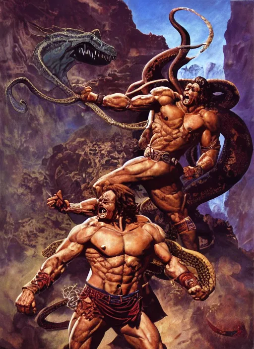 Image similar to a highly detailed symmetrical painting of conan fighting a mythical snake creature, dynamic lighting, ambient lighting, art by frank frazetta and glenn fabry and argerm, hires, 4 k