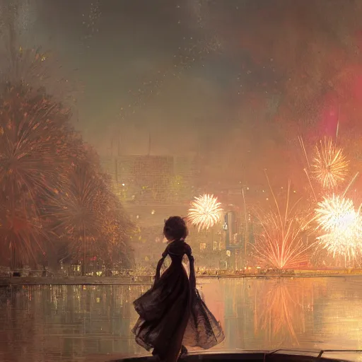 Image similar to a beautiful realistic painting of a firework festival at night time koyosan, intricate, elegant, highly detailed, digital painting, artstation, nier automata concept artsyle, by krenzcushart, artem demura, makoto shinkai, alphonse mucha