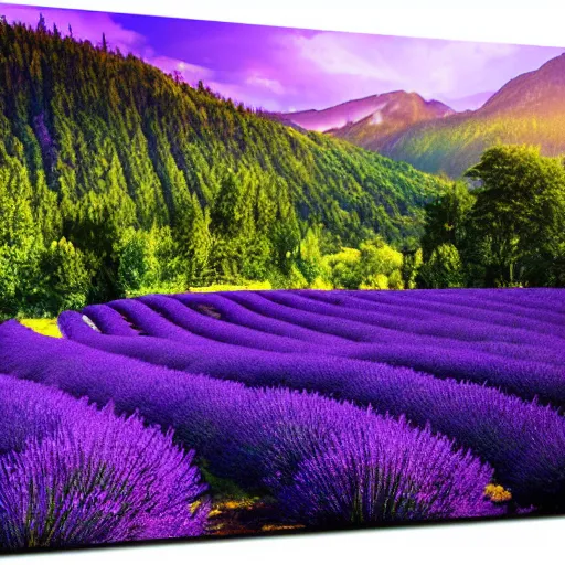 Image similar to ”Epic landscape, purple fields of lavender with a dark forest in the background, in the middle is a blue lake and blue river, bright summer day. Trending on art station, concept art”