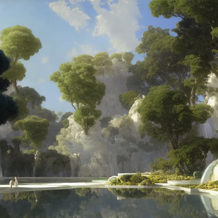 Prompt: gardens of marble draped in flowing sheets of cobalt blue satin and silver satin, by syd mead and ivan aivazovsky and alma tadema and pieter claesz and moebius and roger dean and august malmstrom and aelbert cuyp and thomas cole and asher brown durand, hyperrealistic, volumetric light, octane render