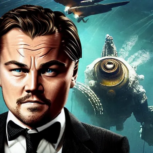 Image similar to movie poster depicting andrew ryan, portrayed by leonardo dicaprio, in a new live - action bioshock movie, the underwater city of rapture is also present