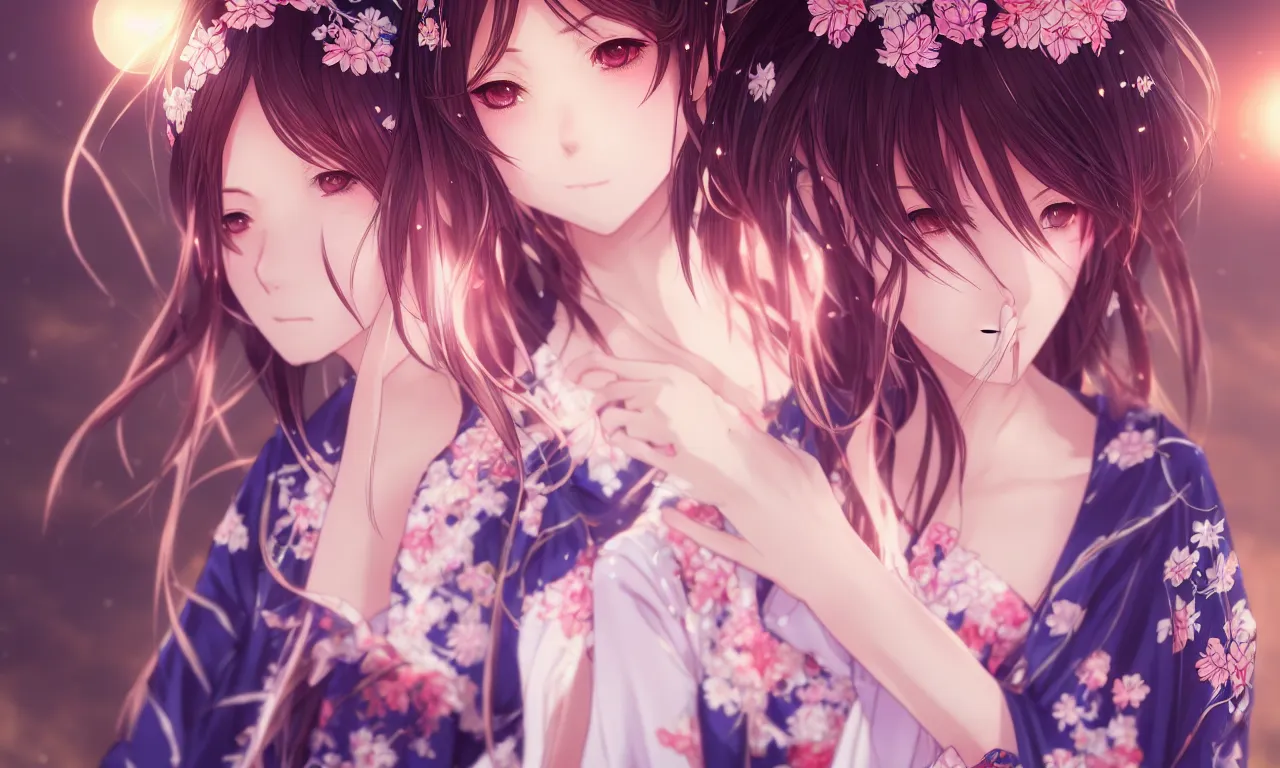 Image similar to portrait three beautiful anime girls wear coctail kimono closeup | | sunny night, full moon, dreamlike art, realistic shaded, smile, good looking, hyper details, 4 k realistic, cryengine, realistic shaded lighting poster by artgerm, ross tran, fuji choko, 8 k resolution, trending on artstation, luxury