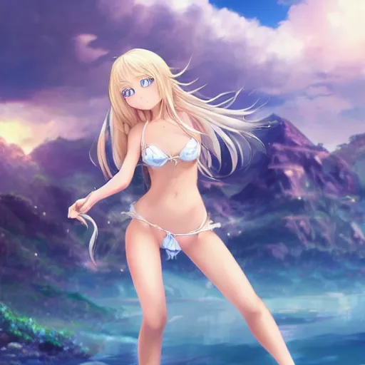 Image similar to a very beautiful young anime girl with 2 0 meters long blond hair, full body, long wavy 2 0 meters long blond hair, sky blue eyes, full round face,, bikini, miniskirt, front shot, playing a virtual reality game highly detailed, cinematic wallpaper by stanley artgerm lau