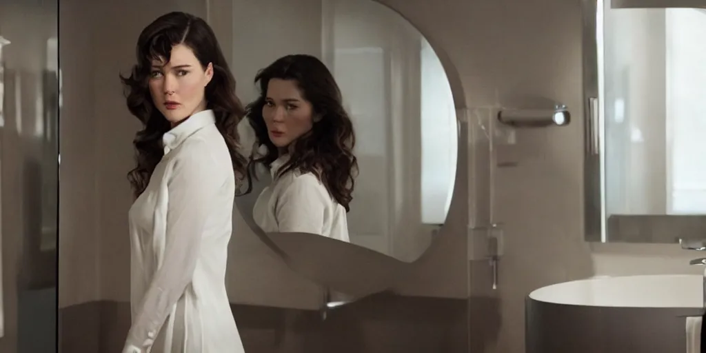 Image similar to ultra wide angle photo of mary elizabeth winstead dressed in a white blouse and black dress pants as diana prince looking at herself in a bathroom mirror and seeing her reflection as wonder woman