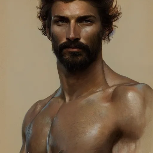 Image similar to portrait of the god of the meadow, 30 years old, rugged, male, gorgeous, detailed face, amazing, hairy torso, muscular, intricate, highly detailed, digital painting, artstation, concept art, sharp focus, illustration, art by greg rutkowski and alphonse mucha