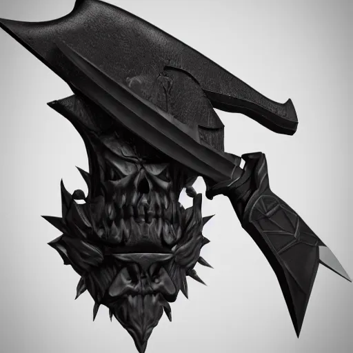 Image similar to a black long sword skull crest, sharp tip, ornament, weapon, a 3 d render by dom qwek, studio lighting, front side view full sheet, trending on polycount, artstation, hard surface modeling, rendered in maya, 3 ds max, blender, artstation hd, vray