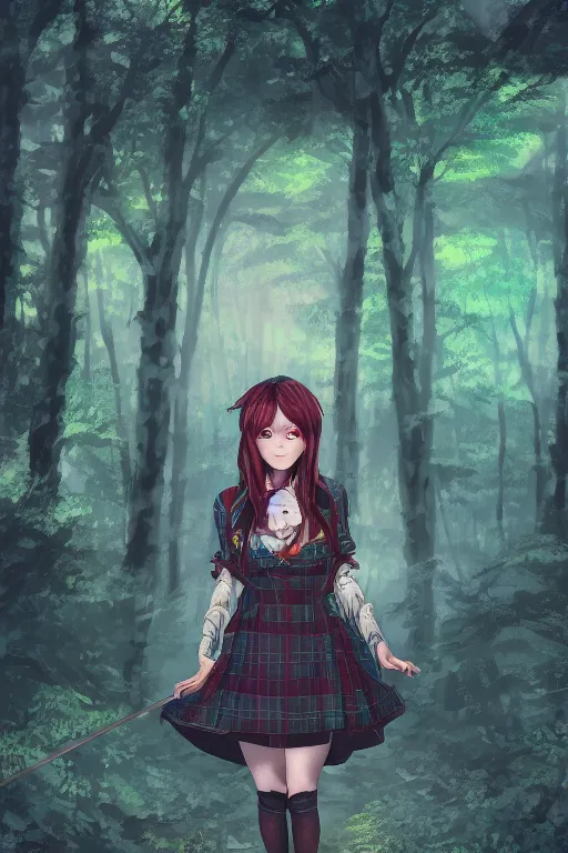Prompt: woman in a dark forest, detailed plaid miniskirt, beautiful realistic face, detailed eyes, trending on artstation, by dan mumford, anime style, octane render