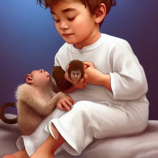 Image similar to young boy wearing white fabric pajama with cartoon paintings on it hugging a small monkey in his hands. highly detailed, digital painting, artstation, concept art, smooth and sharp focus, cg by tian zi and wlop and alphonse mucha