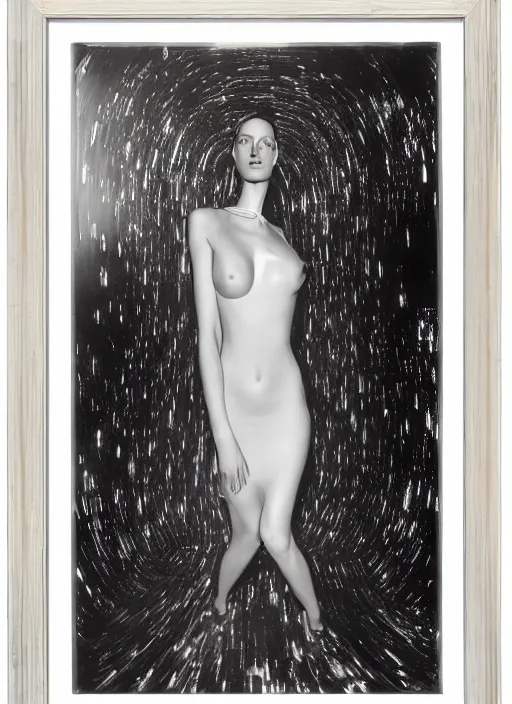 Image similar to a highly detailed unreal engine symmetric portrait of a long legged freaky goddess in a latex dress in an endless galaxy, boke, tilted frame, henry cartier bresson