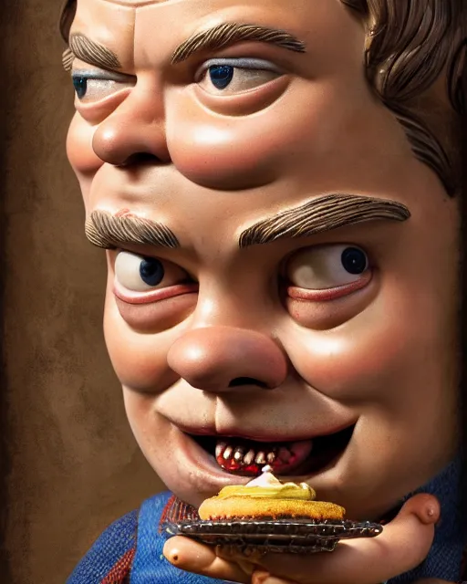 Image similar to highly detailed closeup, face profile portrait of a tin toy leonardo dicaprio as a medieval goblin eating cakes in a castle, hyper realistic, artstation, illustration, nicoletta ceccoli, mark ryden, lostfish, dan decarlo, bob clampett, max fleischer, digital paint, matte paint, vivid colors, detailed and intricate environment