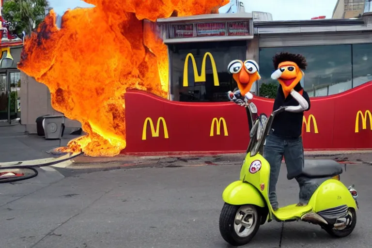 Prompt: Scooter of the Muppets posing for a photo in front of a McDonalds covered in fire and flames