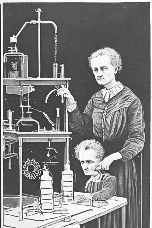 Image similar to marie curie in her lab playing with radioactive matter, children drawing