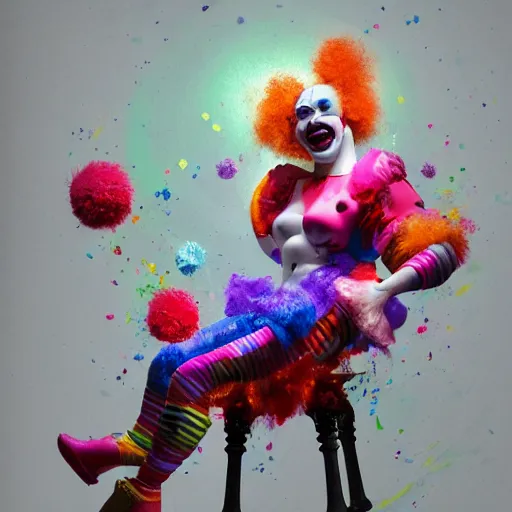 Prompt: full body pose, hyperrealistic mixed media painting of a flirty clown, dim volumetric lighting, 8 k, octane beautifully detailed render, extremely hyper detailed, intricate, epic composition, cinematic lighting, masterpiece, trending on artstation, very very detailed, masterpiece, stunning, hdr, smooth, sharp focus, high resolution, award, winning photo, dslr, 5 0 mm