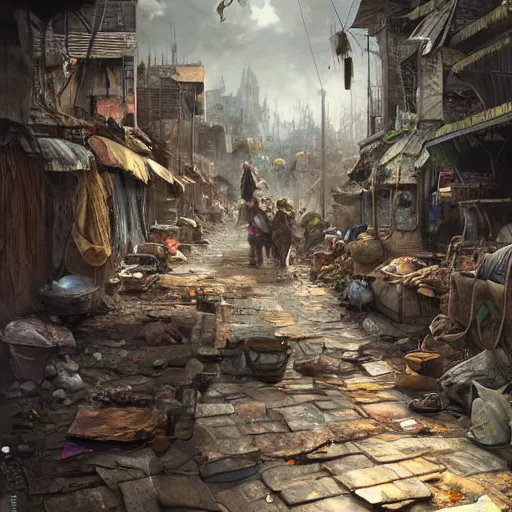 Image similar to slum neighborhood in lord of the ring world, fantasy, on artgerm, ilya yefimovich repin style, hyperrealistic content, high definition content, intricate, delete duplicate content, justify content center, left align, right align, ultra detailed content, ultra realistic human + environment + animal content, 5 dark tone colors