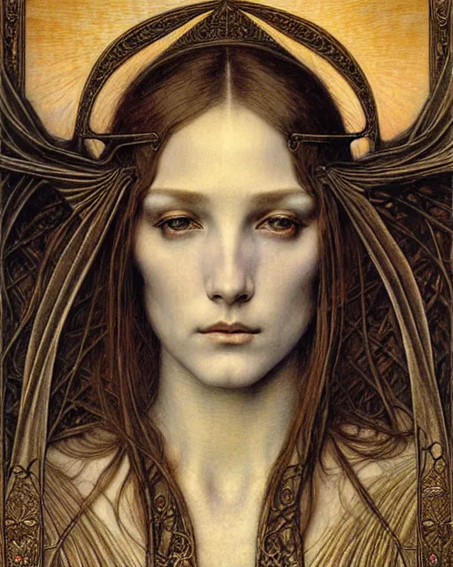 Image similar to detailed realistic beautiful young medieval queen face portrait by jean delville, gustave dore and marco mazzoni, art nouveau, symbolist, visionary, gothic, pre - raphaelite. horizontal symmetry