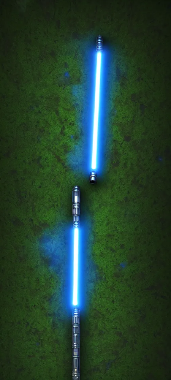 Image similar to detailed cinematic render, of a blue cyberpunk lightsaber lying vertically on a detailed forest floor, in a dark room, photo from above, octane render 8 k, digital art, lightsaber wallpaper 4 k, ray tracing, jedi fallen order lightsaber wallpaper 4 k, cal kestis lightsaber wallpaper