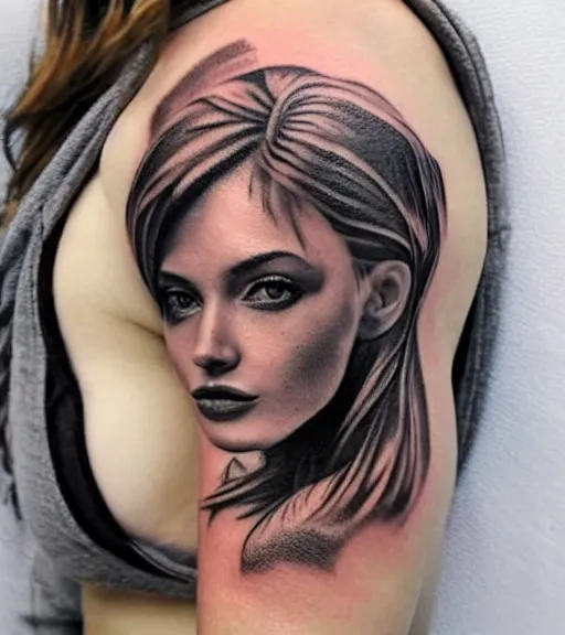 Image similar to tattoo design sketch of a beautiful woman face faded against a background of beautiful mountains and nature, hyper - realistic, in the style of den yakovlev, amazing detail, black and white