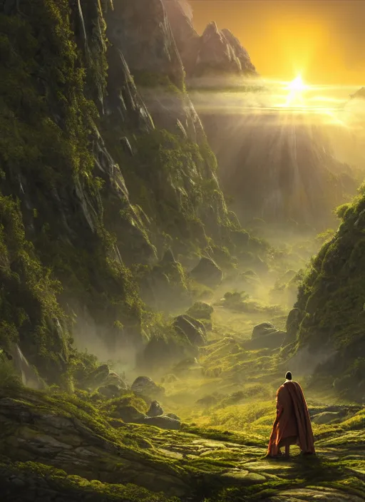 Image similar to a cosmic monk in lord of the rings scenery landscape, looking out at a vast lush valley at sunrise, gigantic temple of alien architecture in the distance, god's rays, highly detailed, vivid color, cinematic lighting, perfect composition, 8 k, gustave dore, derek zabrocki, greg rutkowski, belsinski, octane render