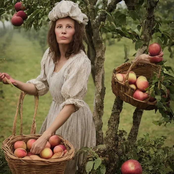 Image similar to a closeup portrait of a woman wearing a dress made of sponges and human hair, picking apples from a tree in an orchard, foggy, moody, photograph, by vincent desiderio, canon eos c 3 0 0, ƒ 1. 8, 3 5 mm, 8 k, medium - format print