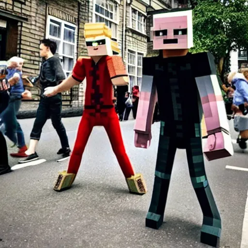 Prompt: photo of life like minecraft characters walking on london streets and scaring people