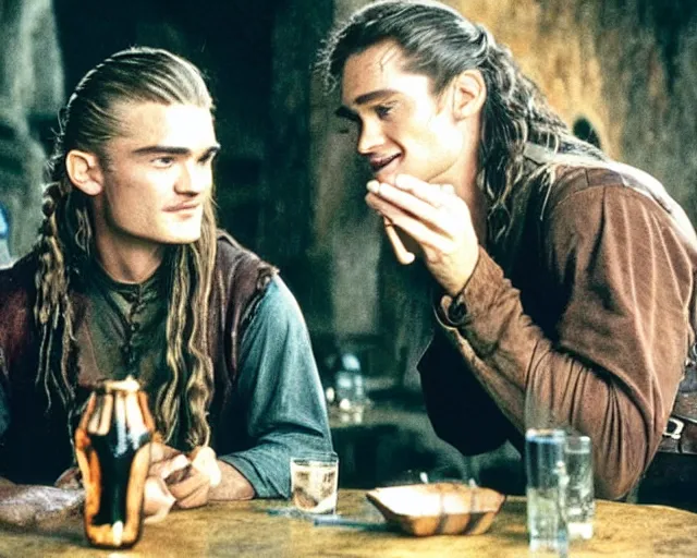 Image similar to Will Turner and Legolas drinking cola in the pub, film still, high detail