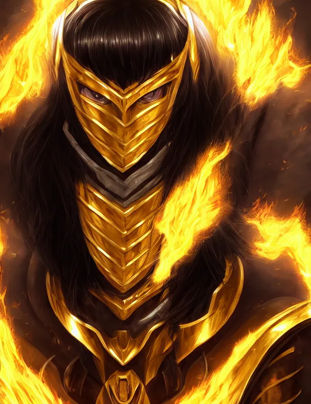 Image similar to a detailed manga portrait of a black haired man with hazel eyes in gleaming golden armour that burns with golden fire, trending on artstation, digital art, 4 k resolution, detailed, high quality, sharp focus, hq artwork, coherent, insane detail, character portrait