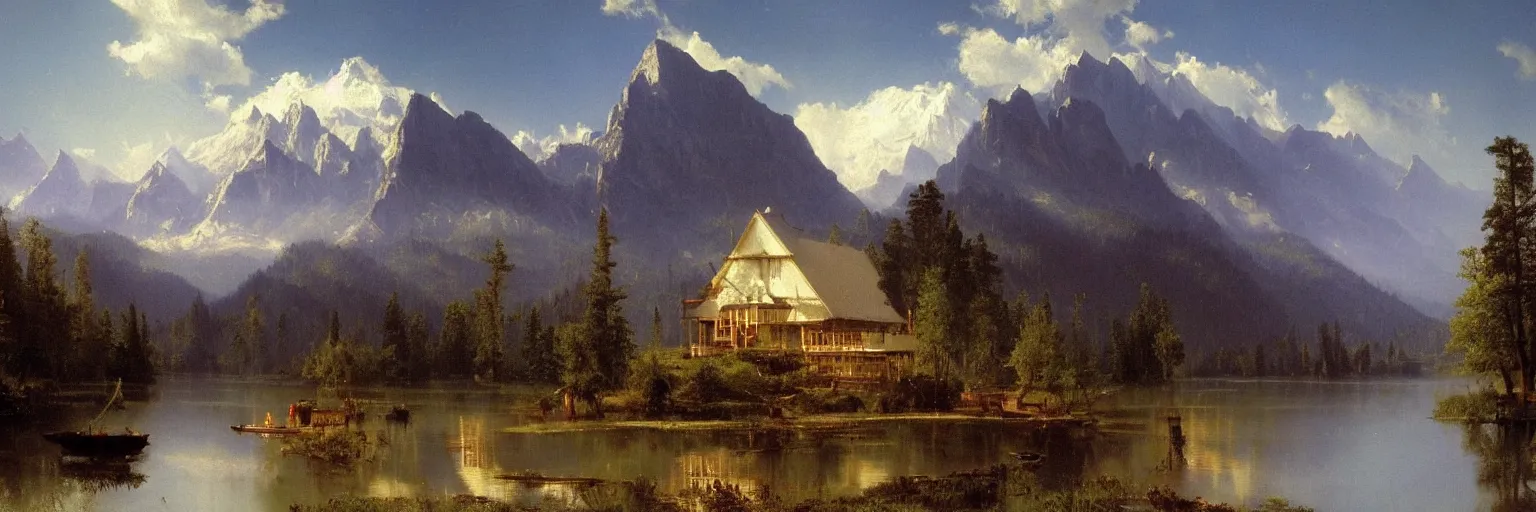 Image similar to beautiful albert bierstadt landscape painting of beautiful mountains and lakes with a mcdonald ’ s fast food restaurant in the scene