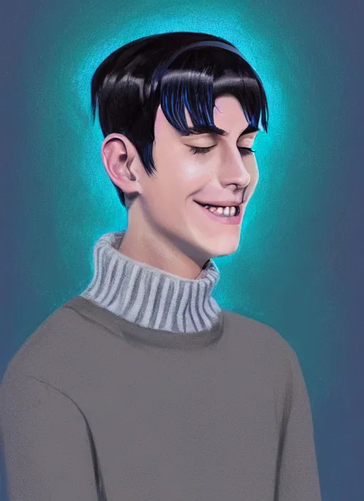 Prompt: portrait of teenage jughead jones wearing a light grey crown, crown, blue turtleneck, closed eyes, eyes closed, smile, crown, black hair, intricate, elegant, glowing lights, warm lighting, highly detailed, digital painting, artstation, concept art, smooth, sharp focus, illustration, art by wlop, mars ravelo and greg rutkowski