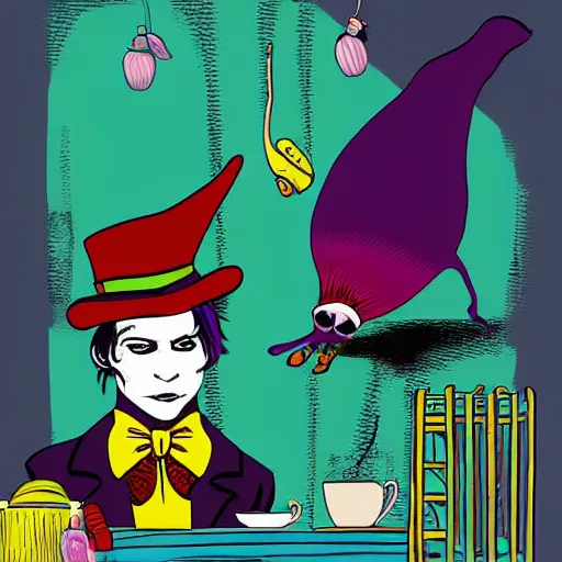 Prompt: Johnny Depp is covered in a blanket and drinking tea in Willy Wonka's Chocolate Factory, Illustration, Colorful, by Fesbraa