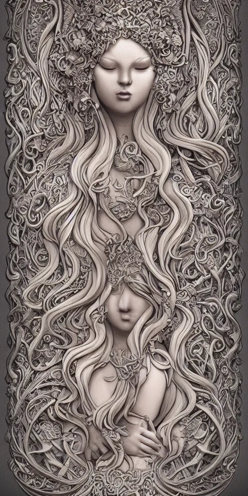 Image similar to a sculpture of mythical creatures by geenss archenti flores, elegant and beautiful female face, carved in stone, intricate, elegant, highly detailed, digital painting by audrey kawasaki, artstation, concept art, ambient occlusion, vray render,