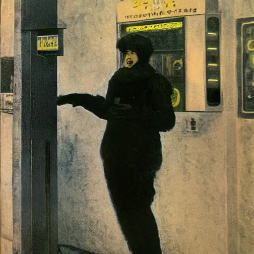 Image similar to a black monster in a gas station, vintage photography of a painting by segantini