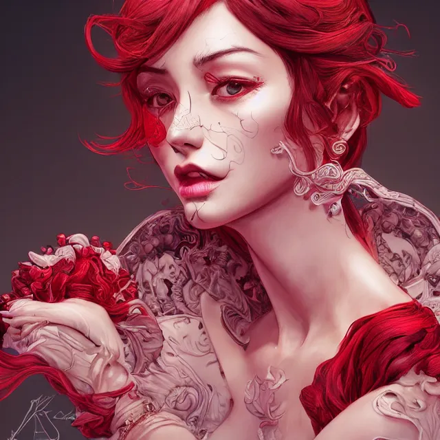 Image similar to portrait of a red gem ruby personified as an absurdly beautiful, elegant, young hypercolorful sensual gravure idol, ultrafine hyperrealistic detailed face illustration by kim jung gi, irakli nadar, intricate linework, sharp focus, bright colors, matte, octopath traveler, final fantasy, unreal engine highly rendered, global illumination, radiant light, intricate environment