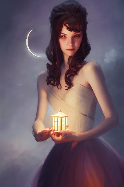 Prompt: portrait of a gorgeous ballerina detective dark cheekbones holding a lantern, moon, night, charlie bowater, artgerm, ilya kuvshinov, krenz cushart, ruan jia, realism, ultra detailed, 8 k resolution