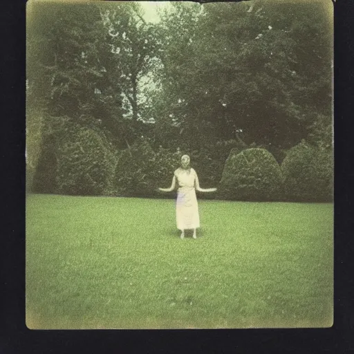 Image similar to woman at lawn, polaroid photography in style of andrey tarkovski, mystical, faith, sense of paranormal