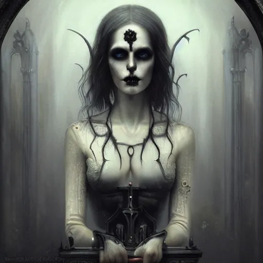 Prompt: By Tom Bagshaw, ultra realist soft painting of a gothic crypt by night, Female vampire smile and dressed, horror, omnious sky, symmetry accurate features, very intricate details, black and white, volumetric light clouds