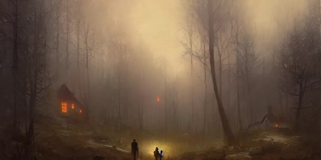 Image similar to an old house with red light on from the windows during the night in a forest, a men stand up in front of the house, mystical fog, oil on canvas, details, a desert road next to the house, illustration, art by andreas achenbach and alena aenami