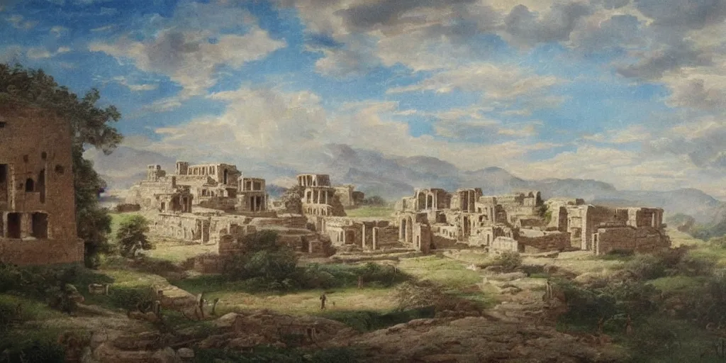 Image similar to stunning landscape painting of an ancient city