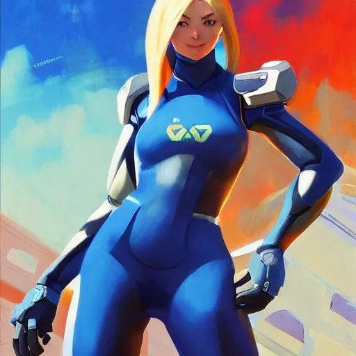 Prompt: greg manchess portrait painting of zero suit samus as overwatch character, medium shot, asymmetrical, profile picture, organic painting, sunny day, matte painting, bold shapes, hard edges, street art, trending on artstation, by huang guangjian and gil elvgren and sachin teng