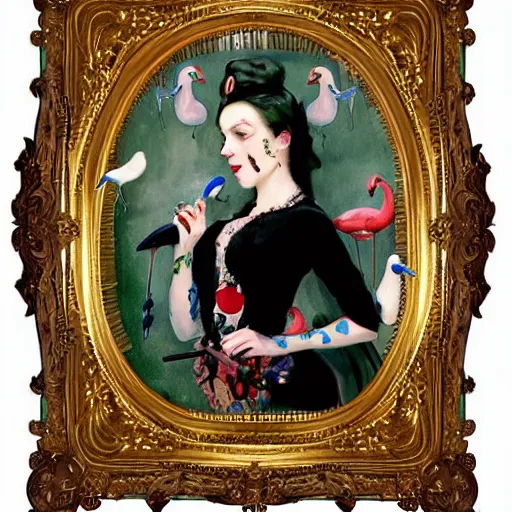 Prompt: tattoo of madame x holding a flamingo croquet stick with an ornate victorian frame comprised of radishes, cats, and flamingoes, by john singer sargent,