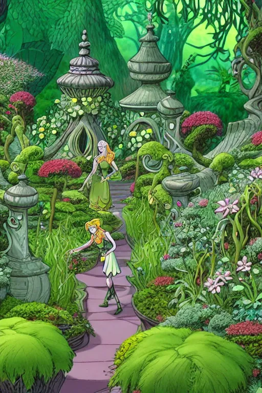 Image similar to intricate detailed Garden, Green Witch Walking her Garden, magical garden plant creatures, enchanted, life like plants, In The animation style of X-Men: The Animated Series, high detail, max upscale, 8k