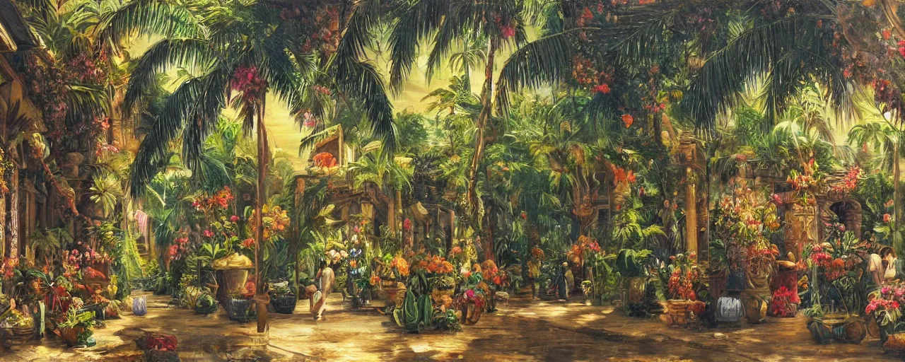 Image similar to a highly detailed oil painting of Tropical Flowers, a view from ground level: elegant, ornate, daytime. this is a beautifully lit scene.