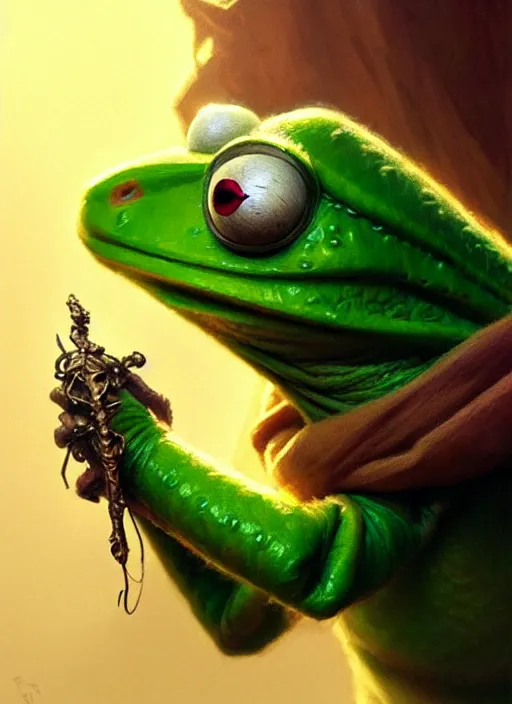 Image similar to Portrait of Kermit the frog, D&D, fantasy, intricate, elegant, highly detailed, digital painting, artstation, concept art, smooth, sharp focus, illustration, art by artgerm and greg rutkowski and alphonse mucha