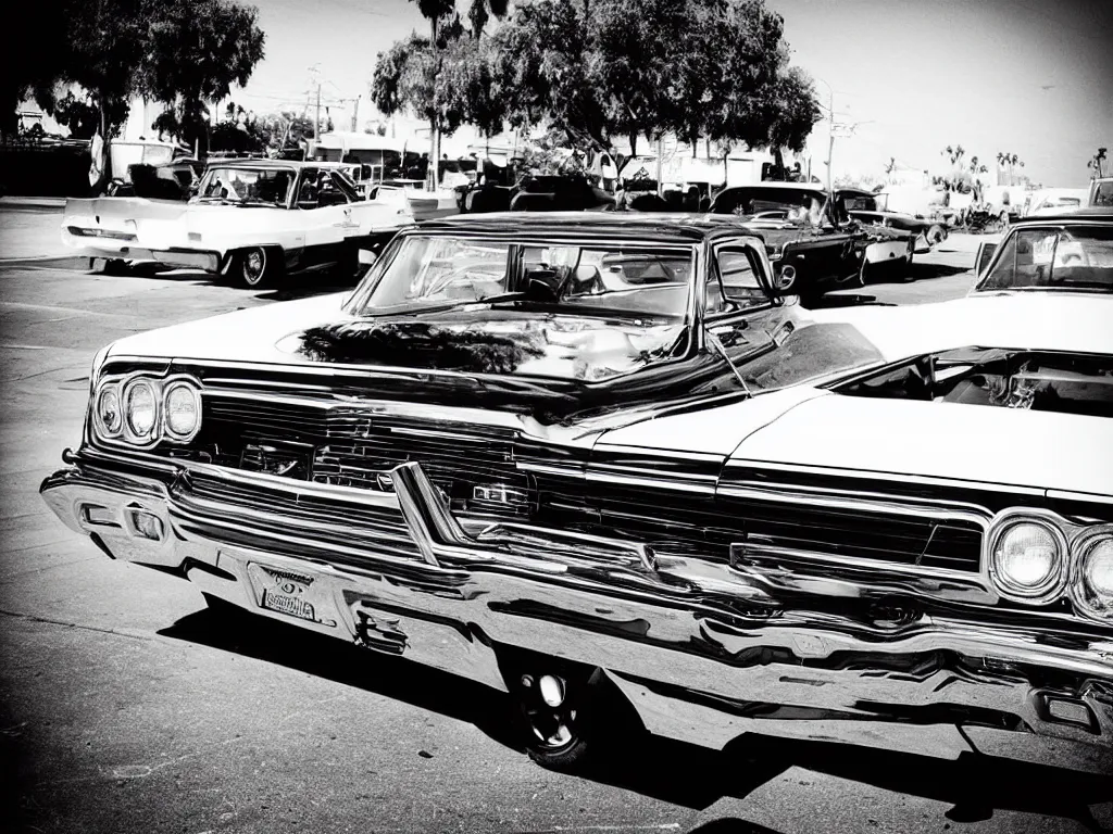 Image similar to “A black and white 28mm photo of a 1964 Chevy Impala lowrider in Los Angeles”